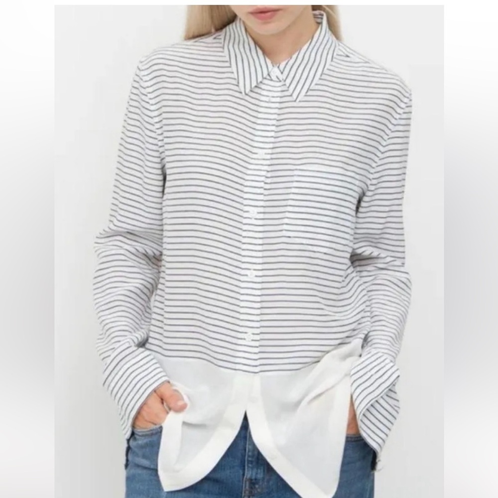 Equipment Reese Neat Stripe Silk Blouse in White & Peacoat